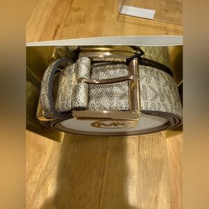 MICHAEL KORS WOMEN LEATHER BELT MK LOGO W GOLD BUCKLE GOLD COLOR IGift BOX L/XL